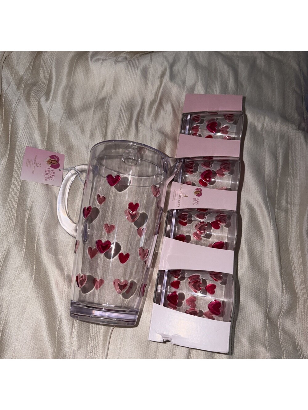 Paris Hilton Pink Hearts Acrylic Pitcher & 4 cup combo NEW